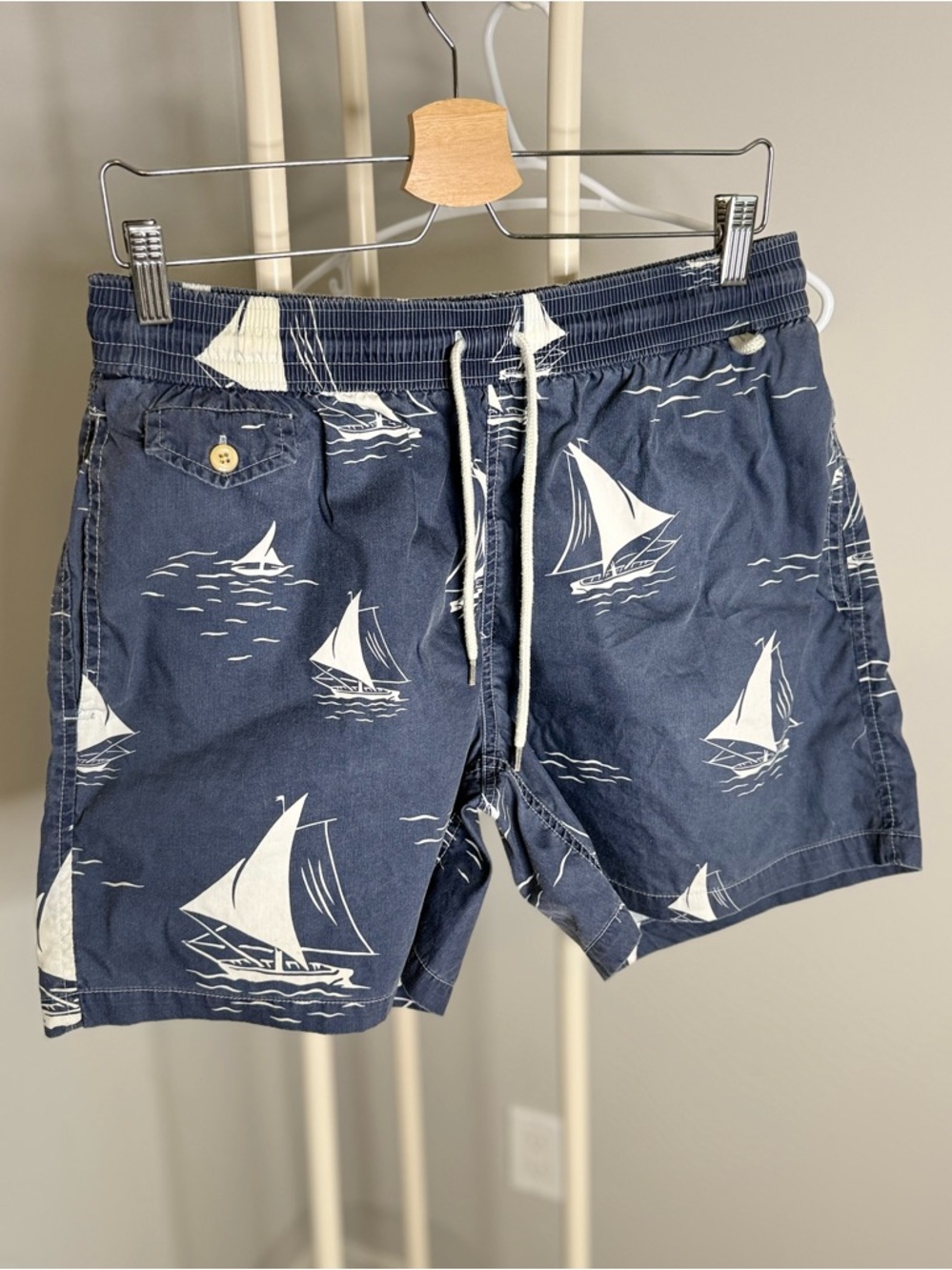 Ralph Lauren Navy Swim Trunks with White Sailboat Print